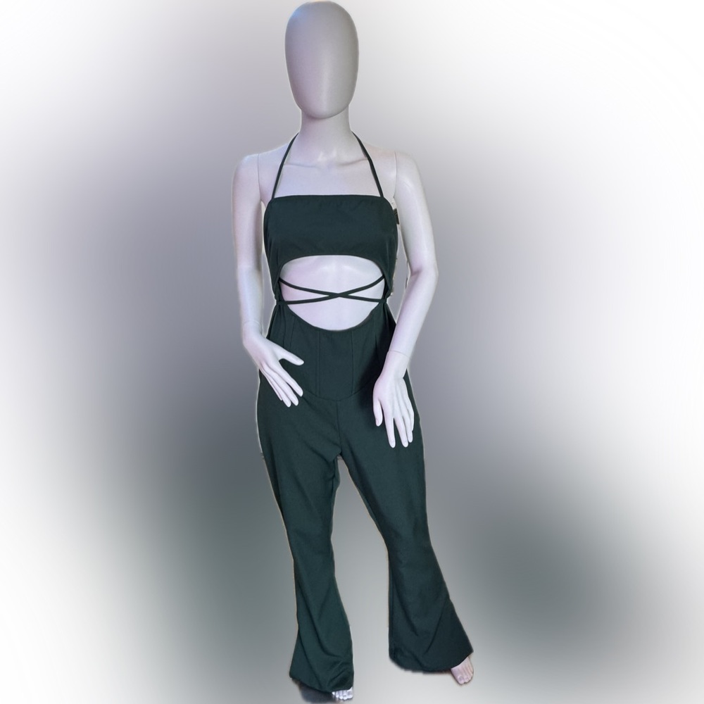 PrettyLittleThing Sea Green Corset Waist Cut Out Tie Jumpsuit